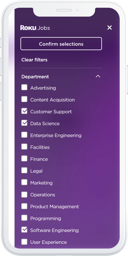 Roku jobs filters menu on mobile
